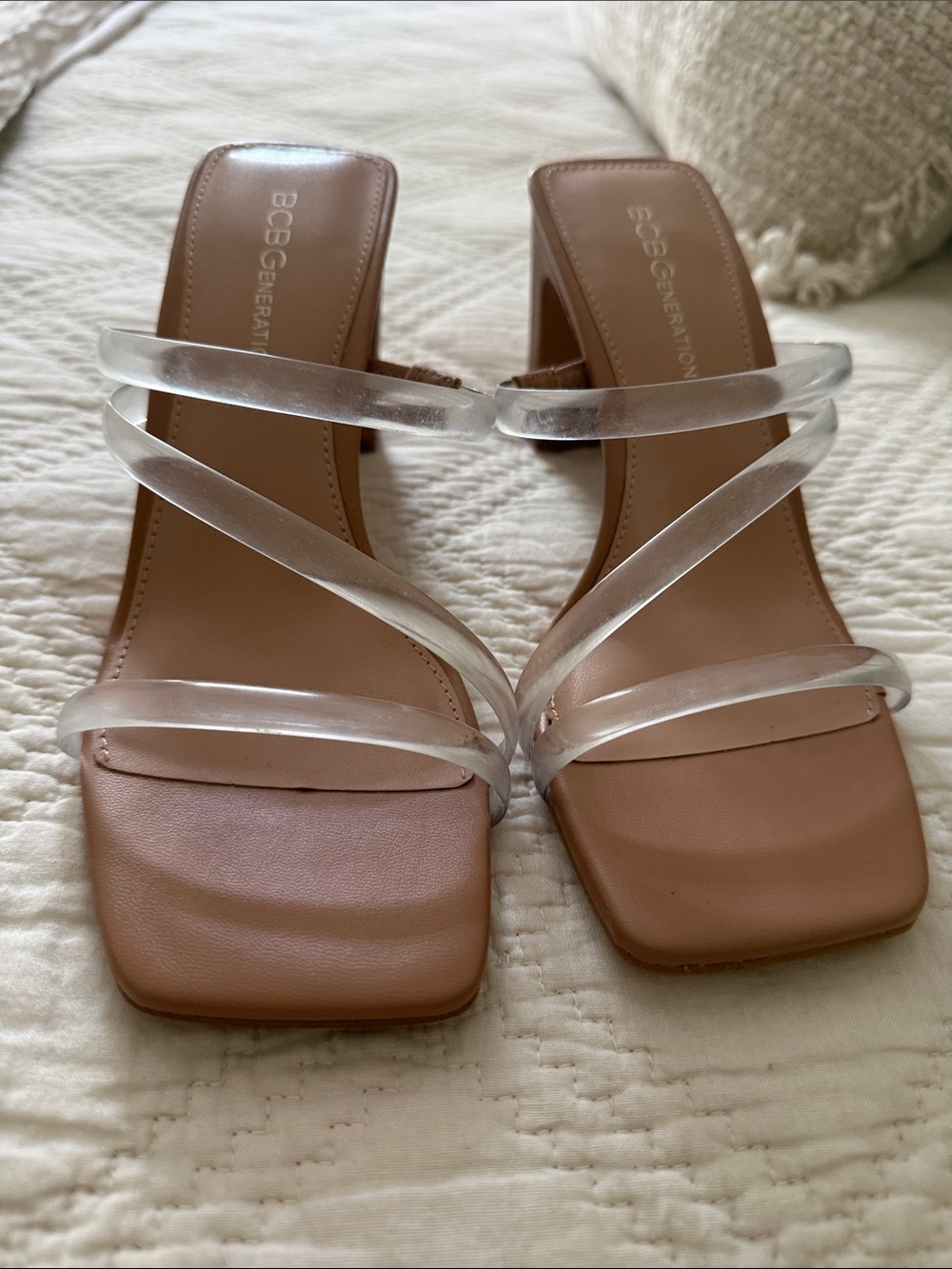 BCBGeneration Tan Block Heel Sandals with Clear Straps
